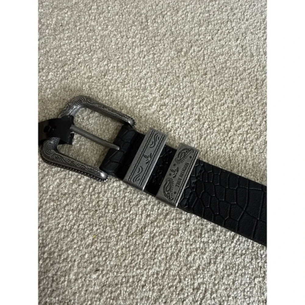 True Religion Palomo Western Belt Black Croc Embossed Silver Buckle Size 32 NWT